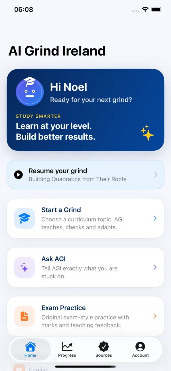 AI Grind Ireland home screen